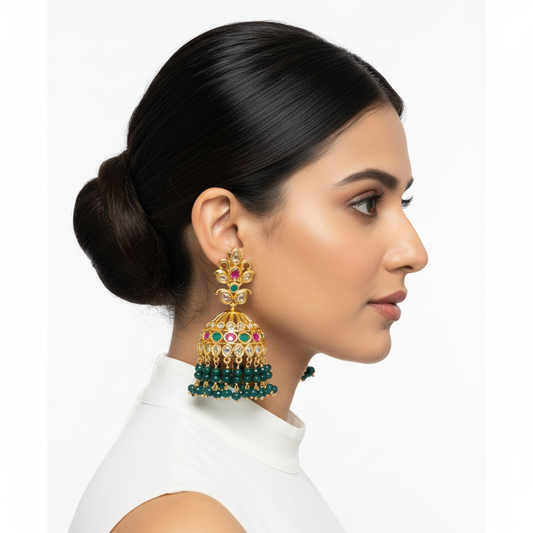 Model wearing Multi-colour Polki Jhumka