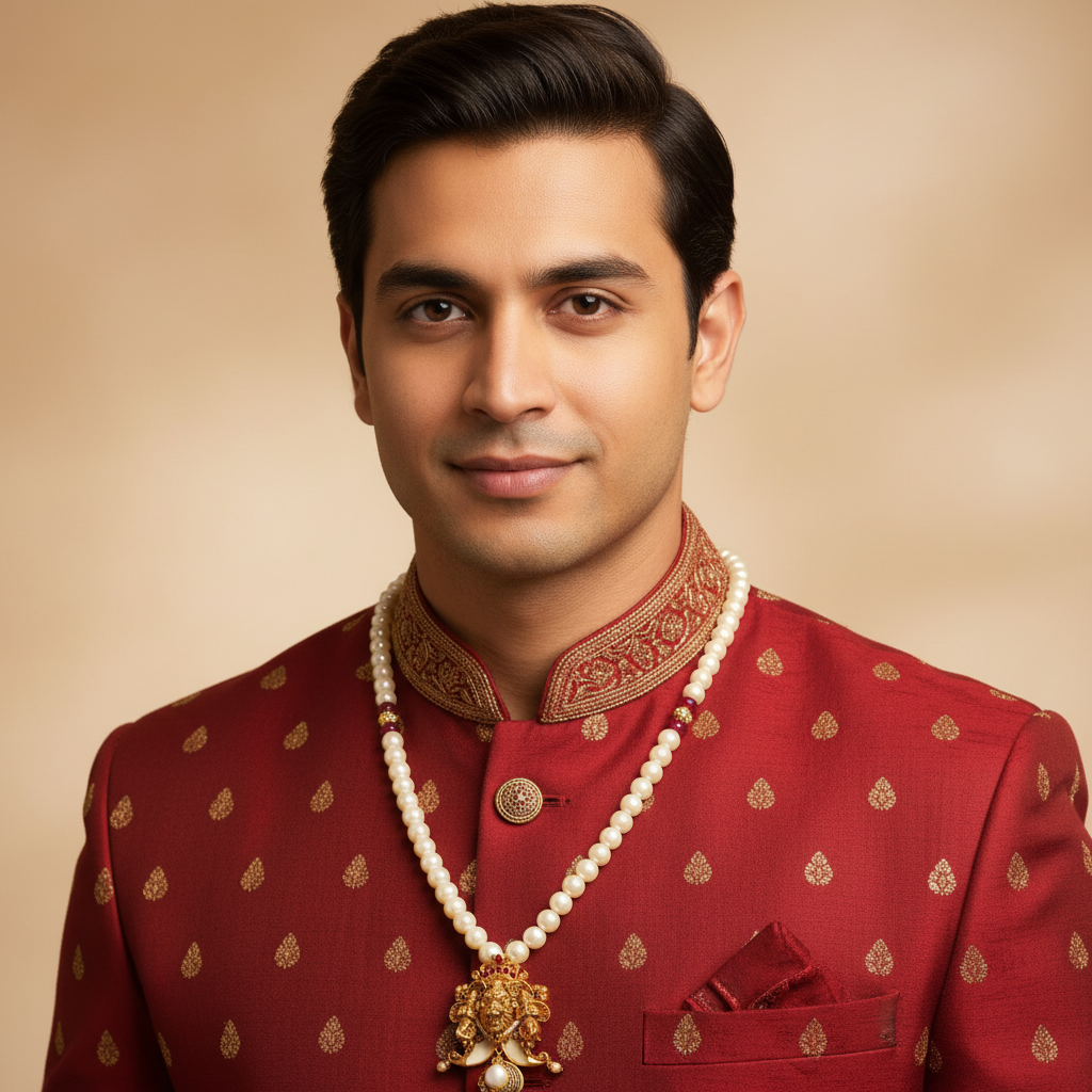 Model wearing Narasimha Temple Pearl Necklace