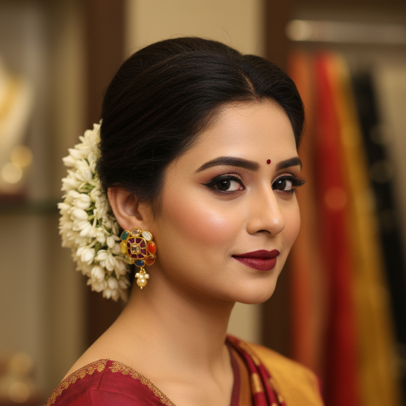Model wearing Navratna Square Stud Earrings
