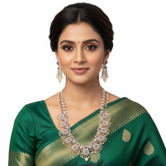 Model wearing only Bottu Mala necklace and earrings