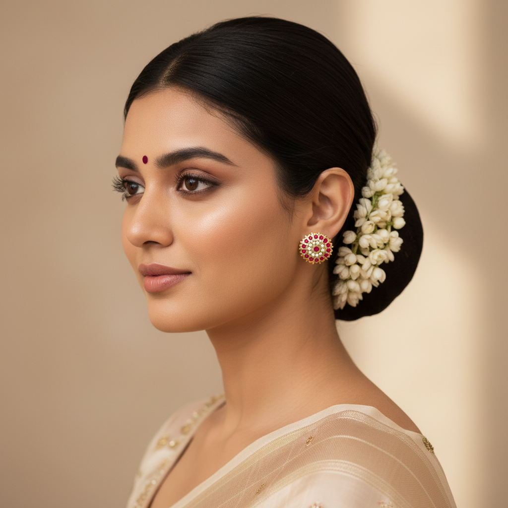 Model Wearing Panchaloha Kammalu Studs - Variation