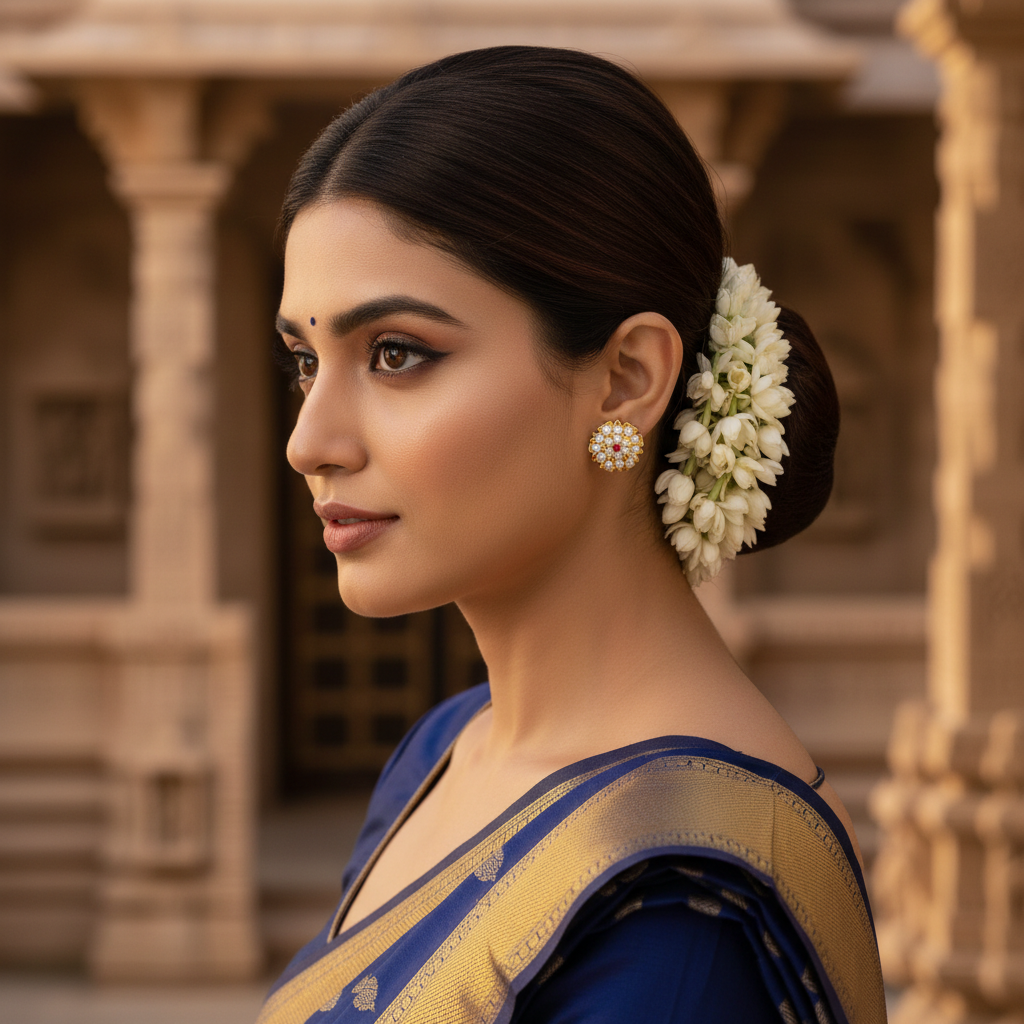 Model wearing Panchaloha Kammalu Studs