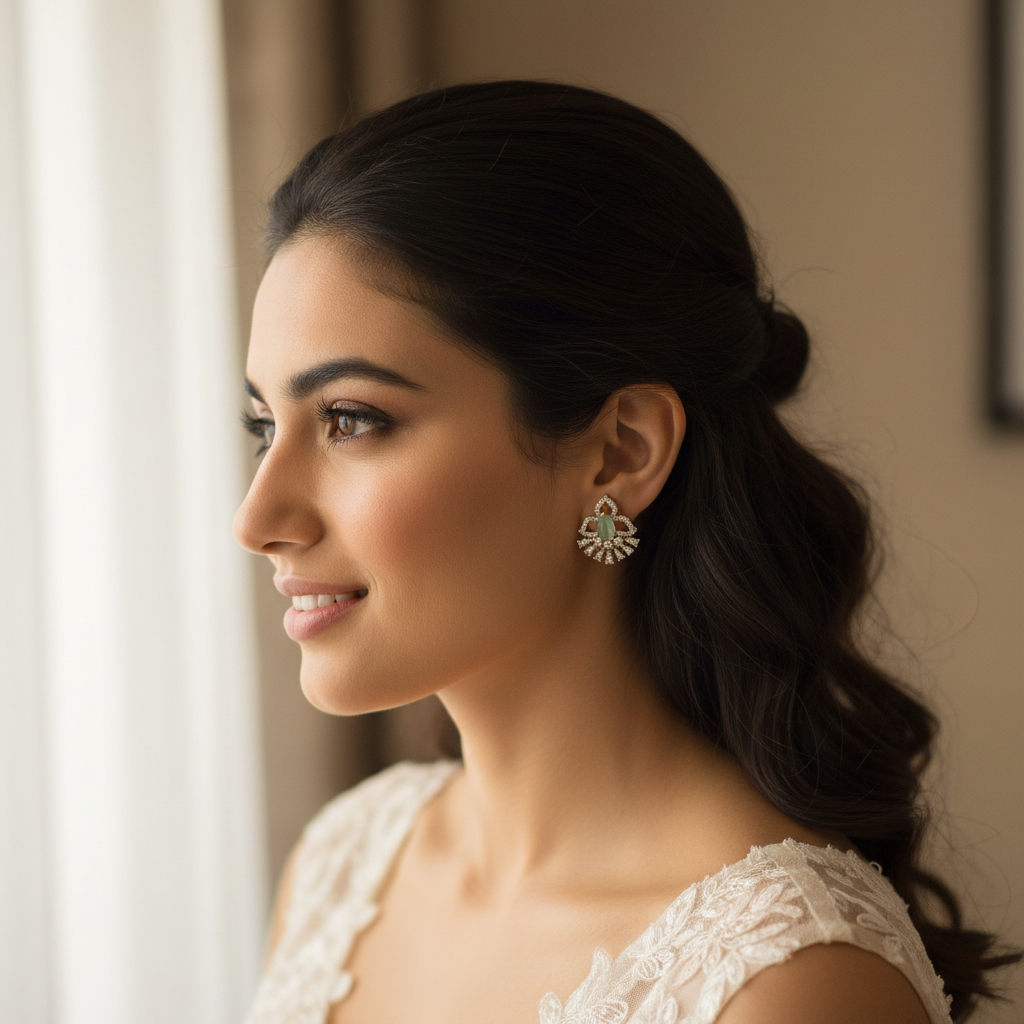 Model wearing pastel green fan-shaped earrings