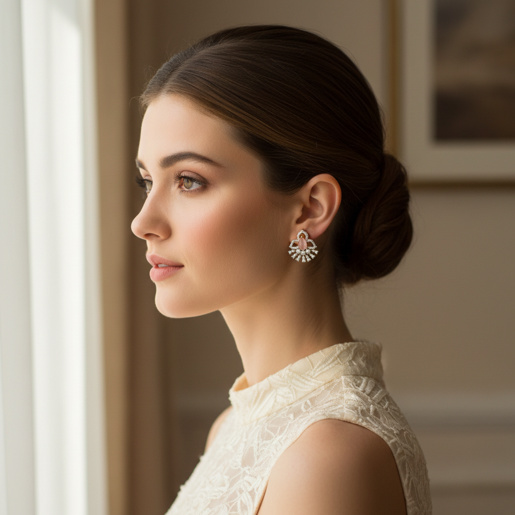 Model wearing peach rose fan-shaped earrings