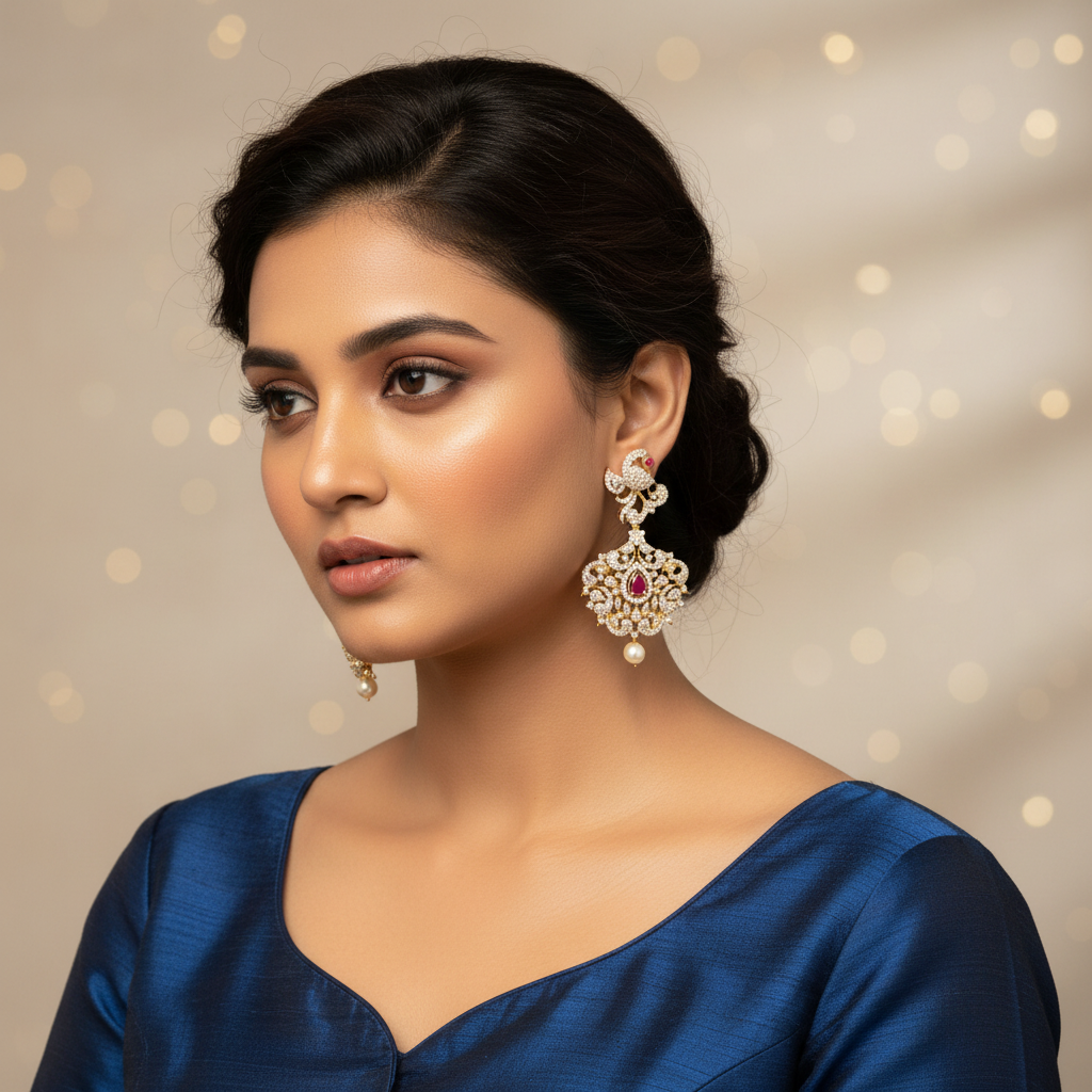 Model wearing Peacock American Diamond Earrings