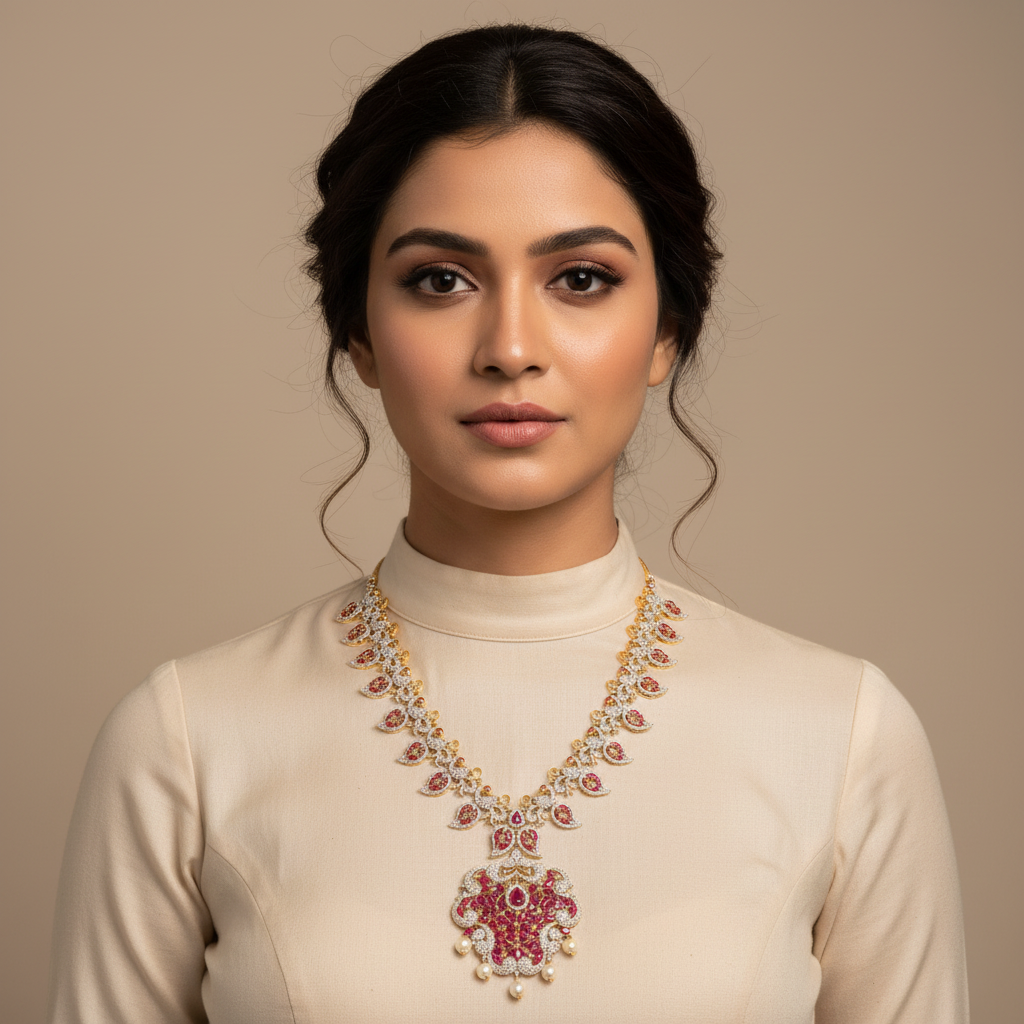 Model wearing Peacock American Diamond Necklace