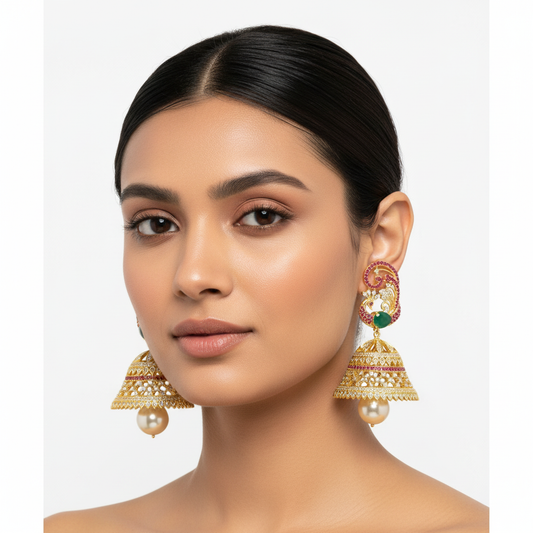Model wearing peacock jhumka earrings