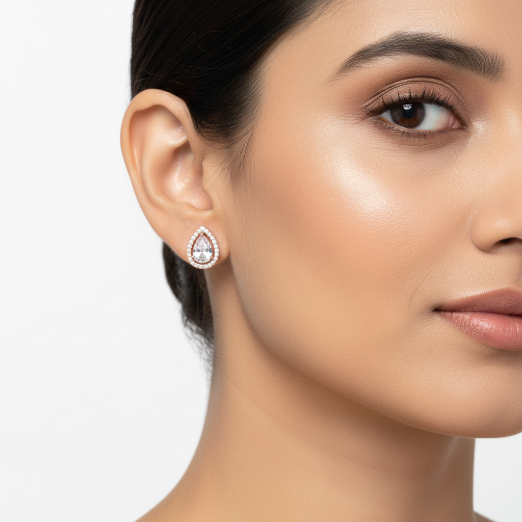 Model wearing pear teardrop rose gold halo stud earrings