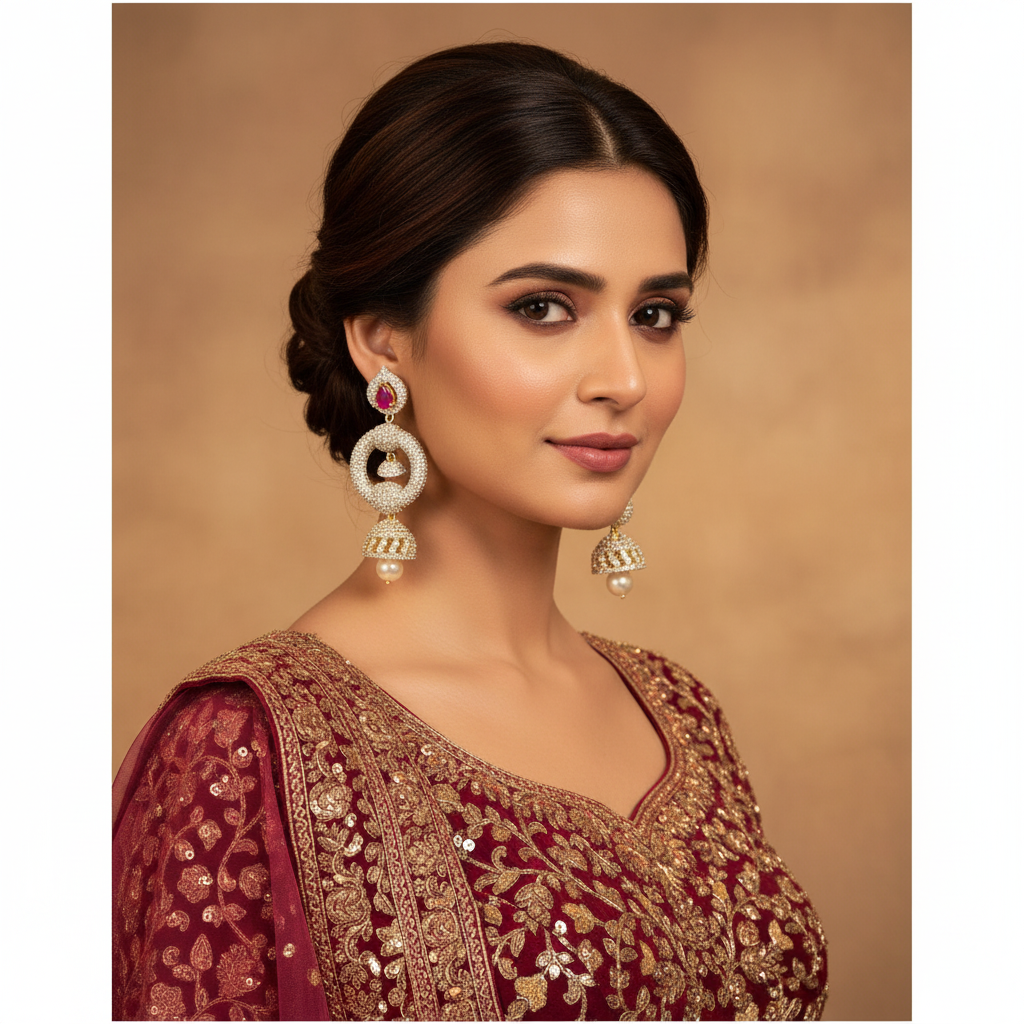 Model wearing Pink CZ Jhumka - 1:1