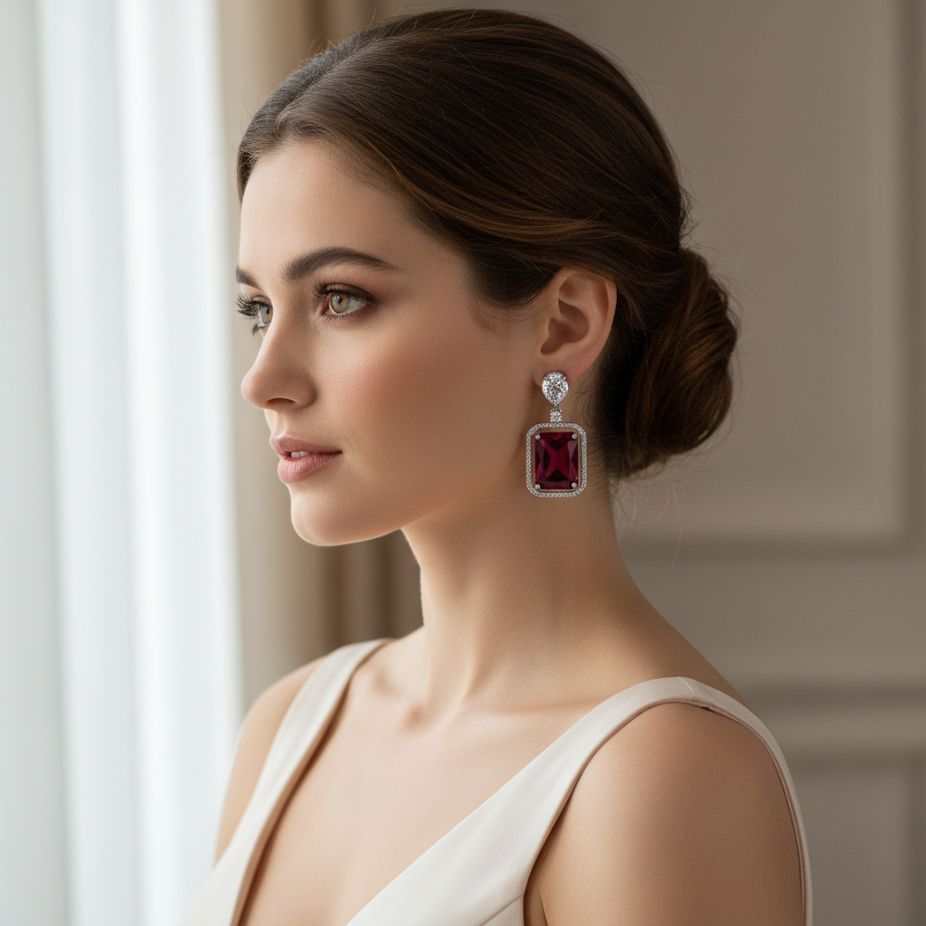 Model wearing red CZ dangle earrings