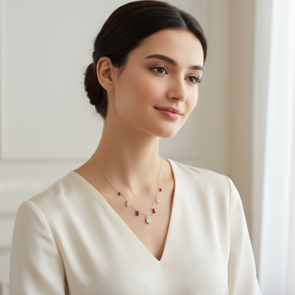 Model wearing ruby and crystal necklace