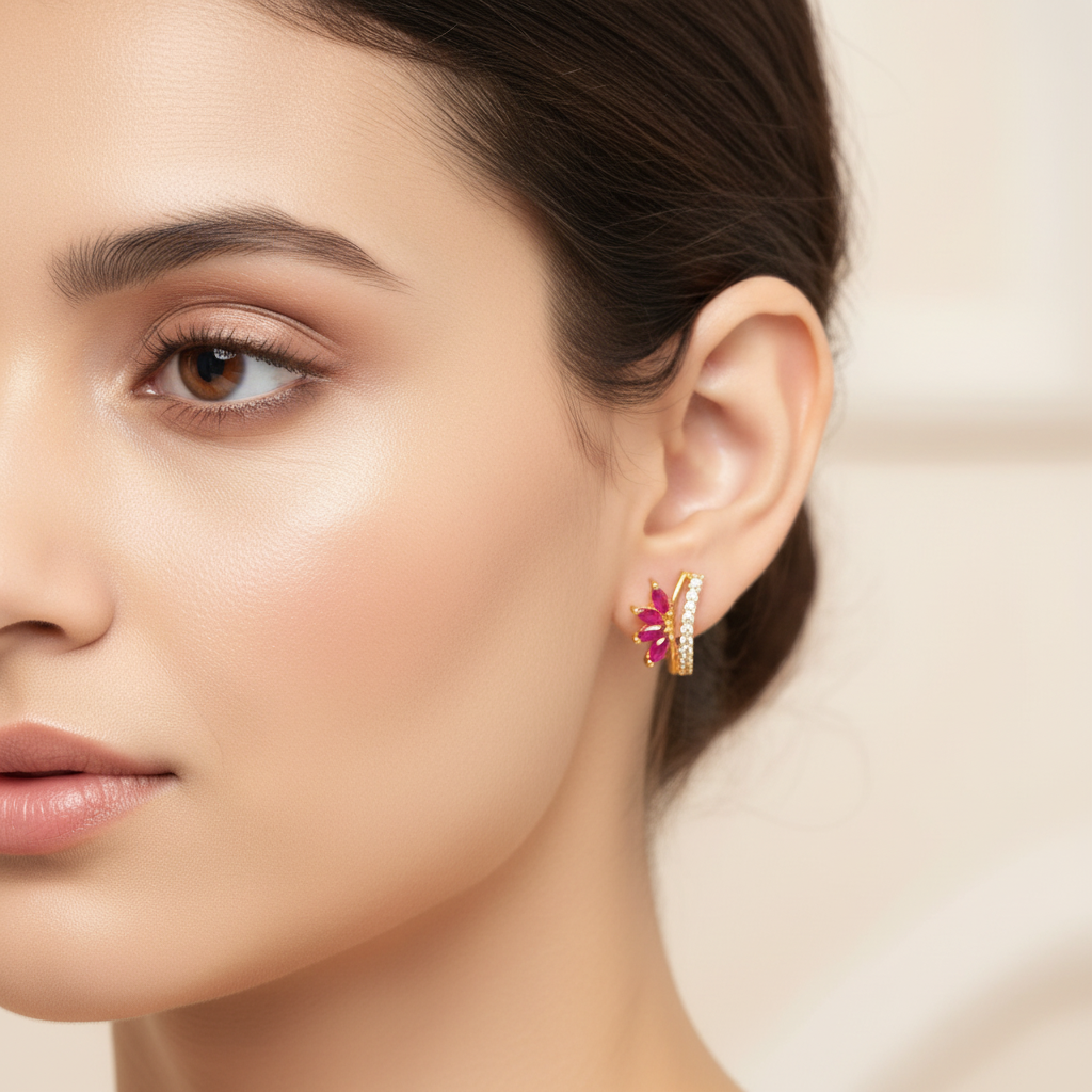 Model wearing ruby flower earrings