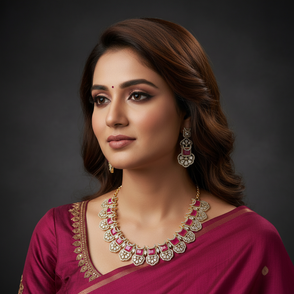 Model Wearing Ruby Pink CZ Necklace Set