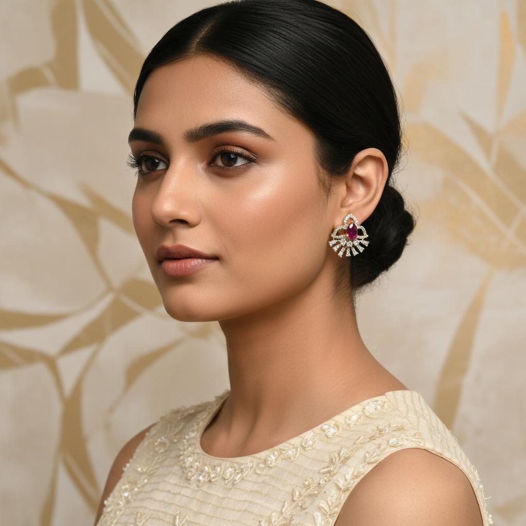 Model wearing ruby red fan-shaped earrings