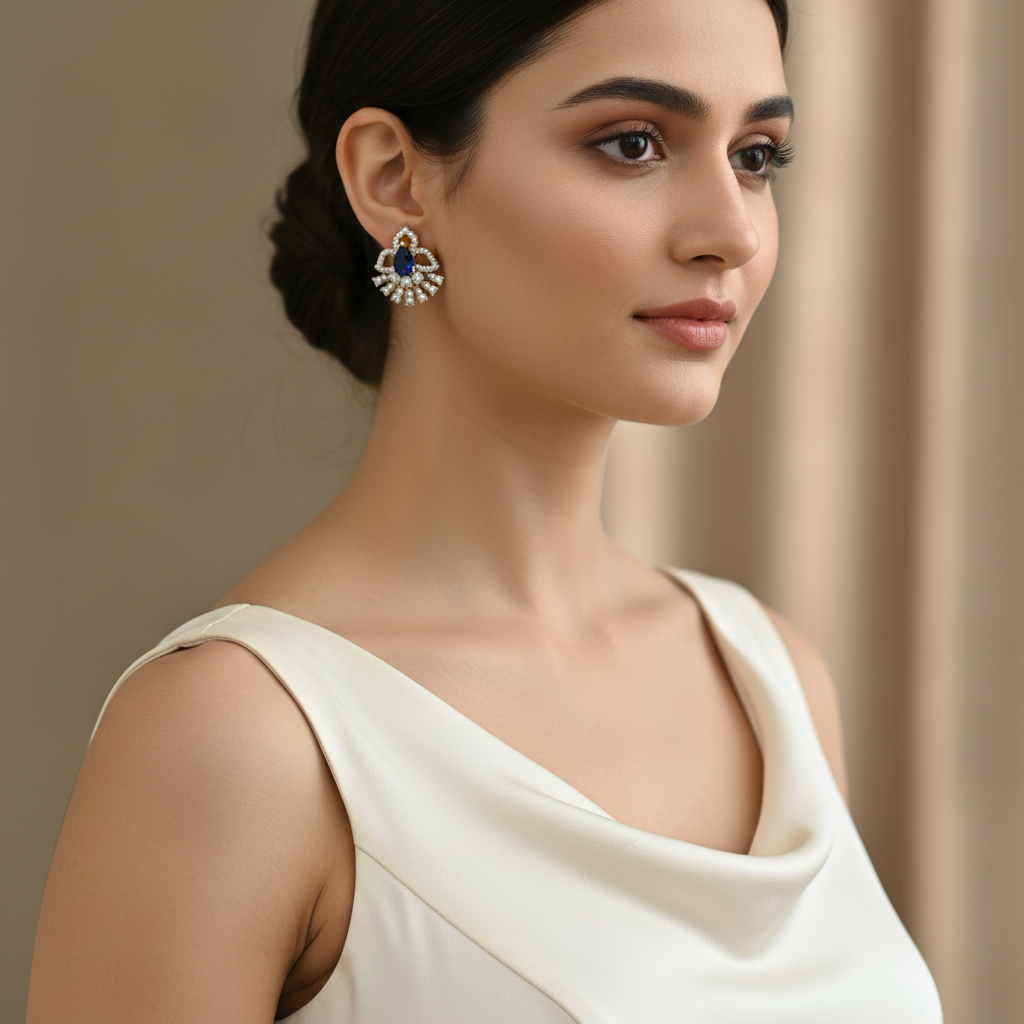 Model wearing sapphire blue fan-shaped earrings