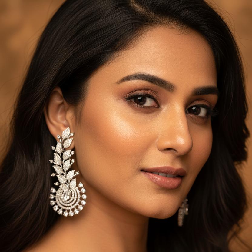 Model wearing Silver CZ Chandelier Earrings