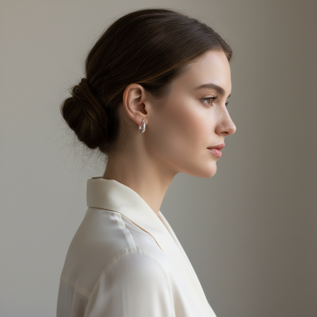 Model wearing sterling silver hoop earrings