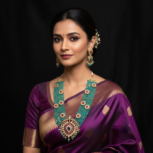 Model wearing teal haram with chandbali earrings