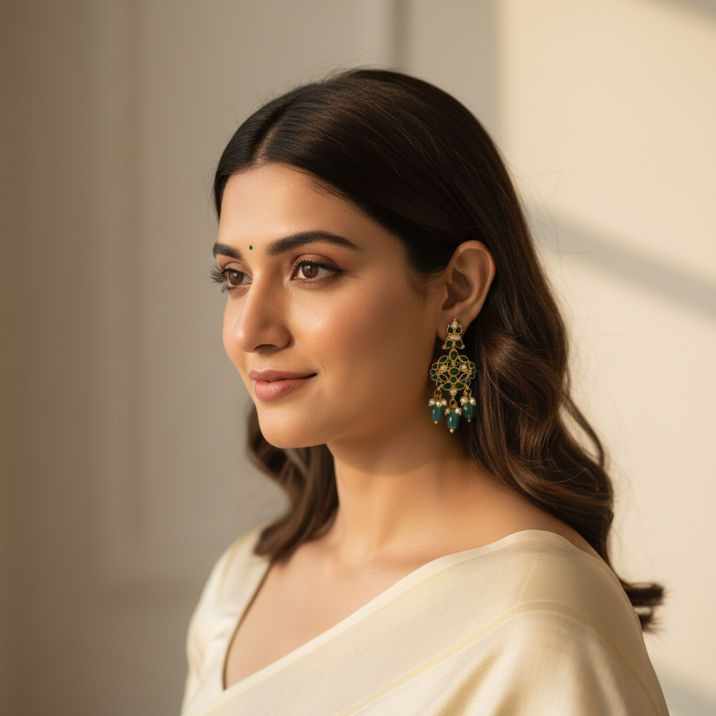 Model wearing temple earrings