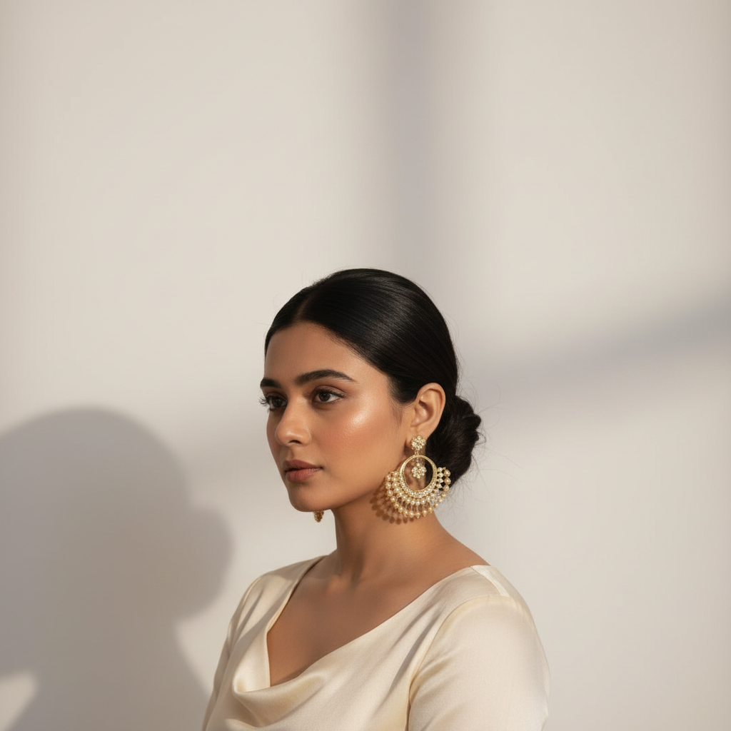 Model wearing temple jewelry earrings - smaller scale