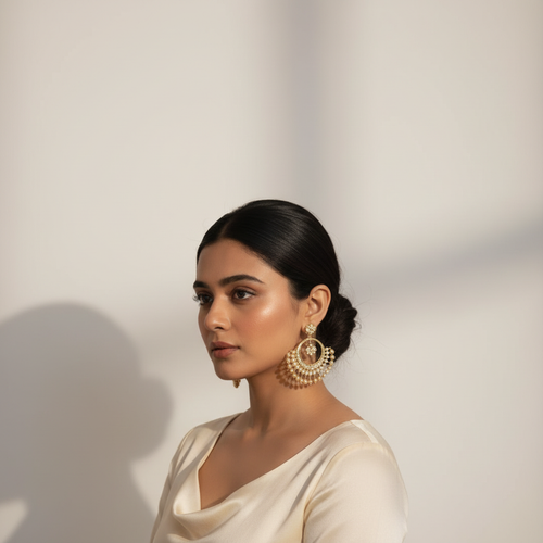 Model wearing temple jewelry earrings - smaller scale