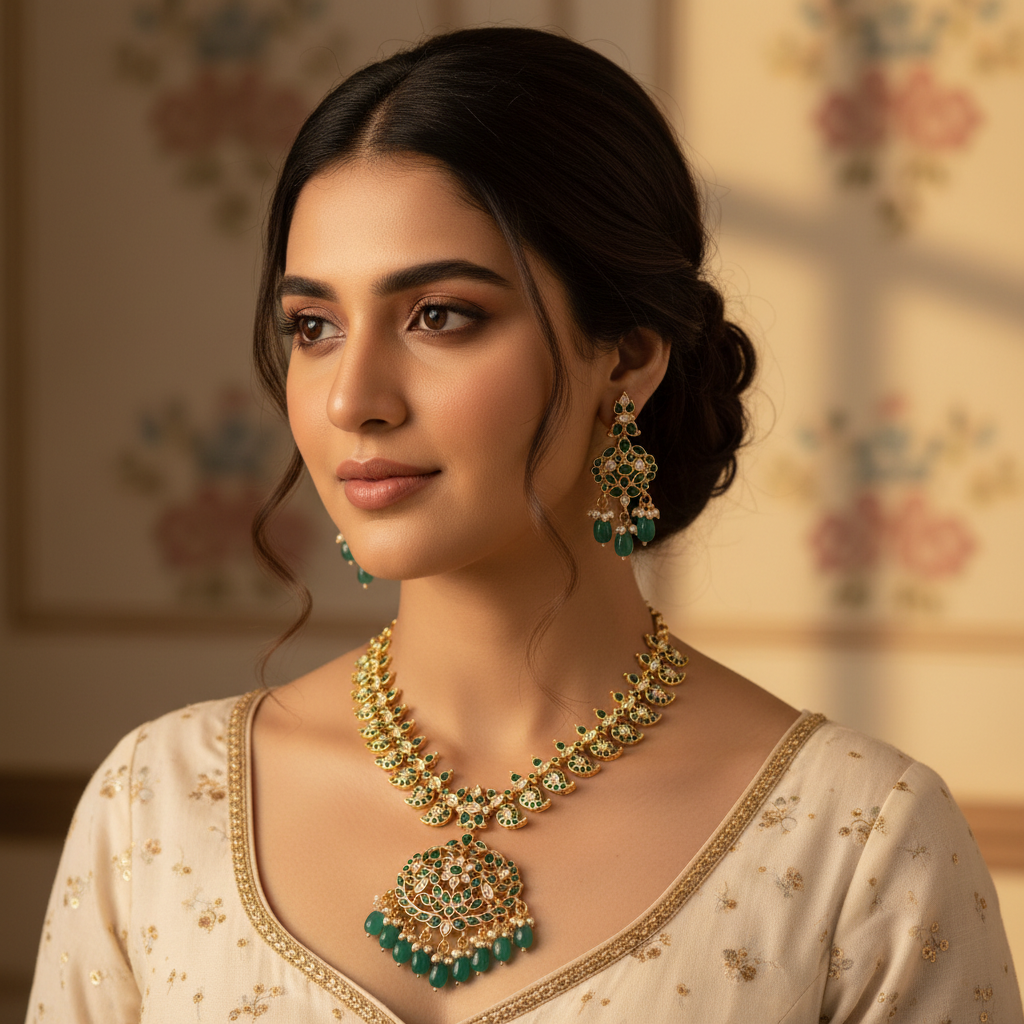 Model wearing temple necklace