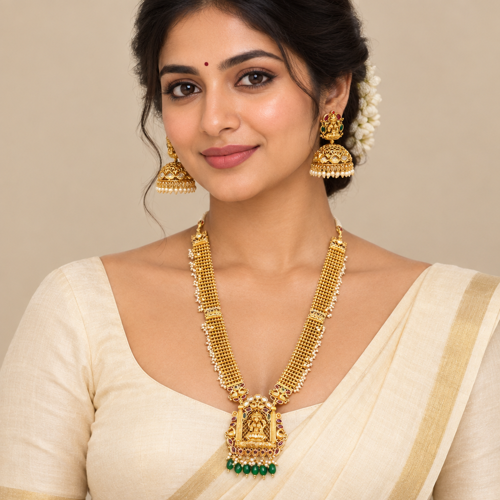 Model wearing the necklace and earrings