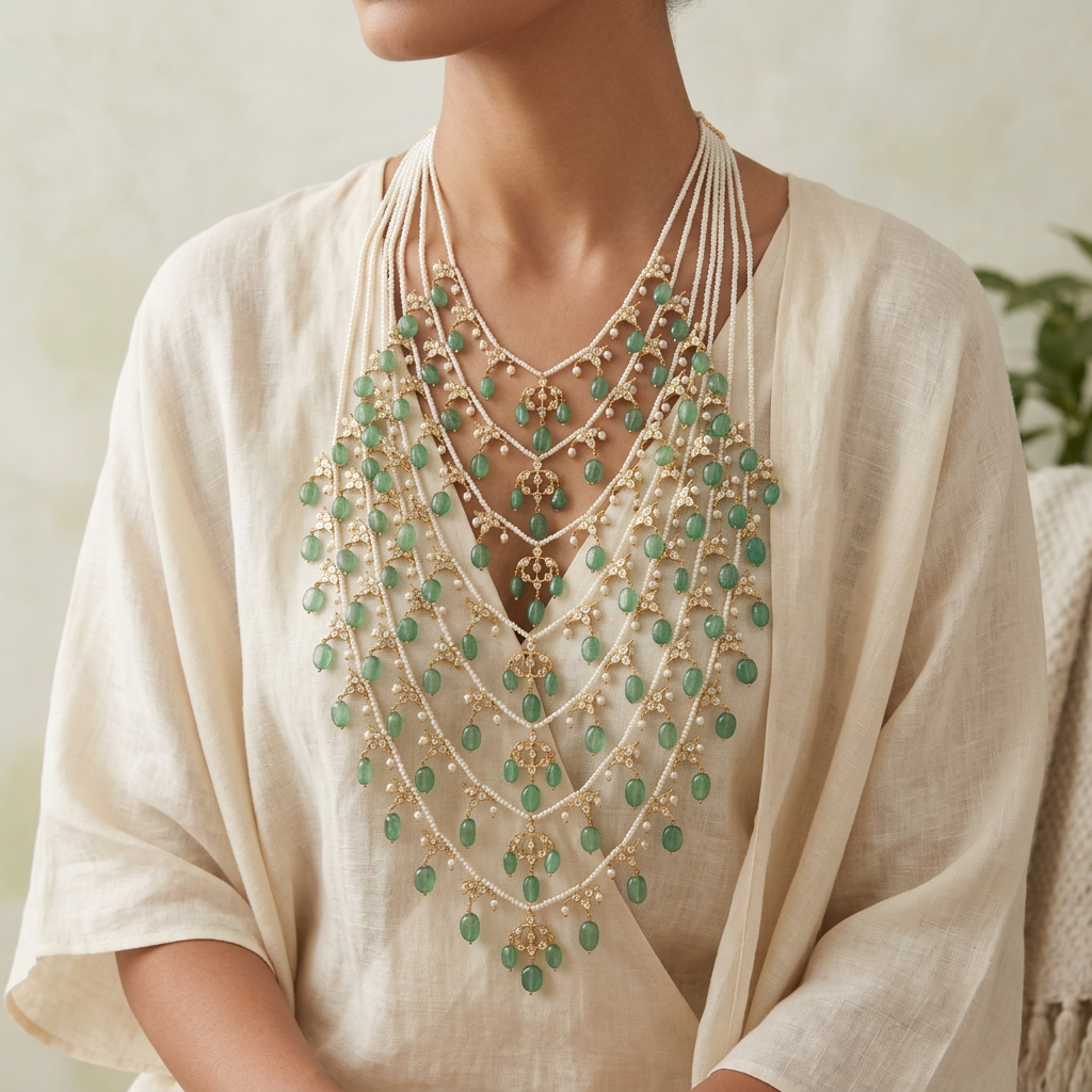Model wearing the necklace in a looser, more relaxed style, 1:1