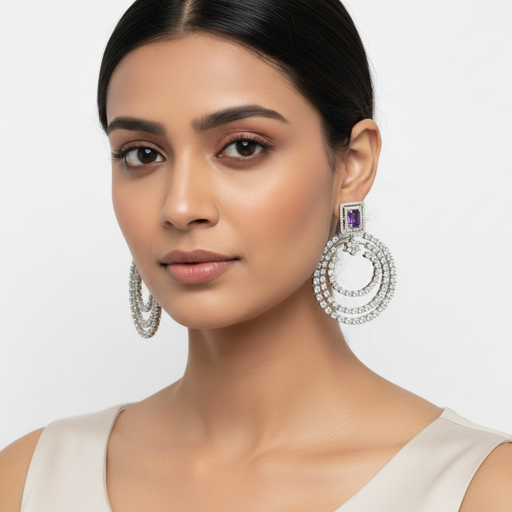 Model Wearing Triple Hoop CZ Earrings - Purple
