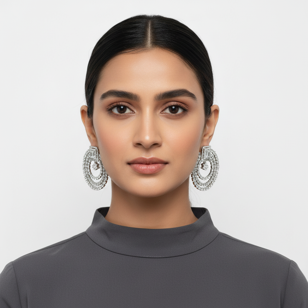 Model Wearing Triple Hoop CZ Earrings - White