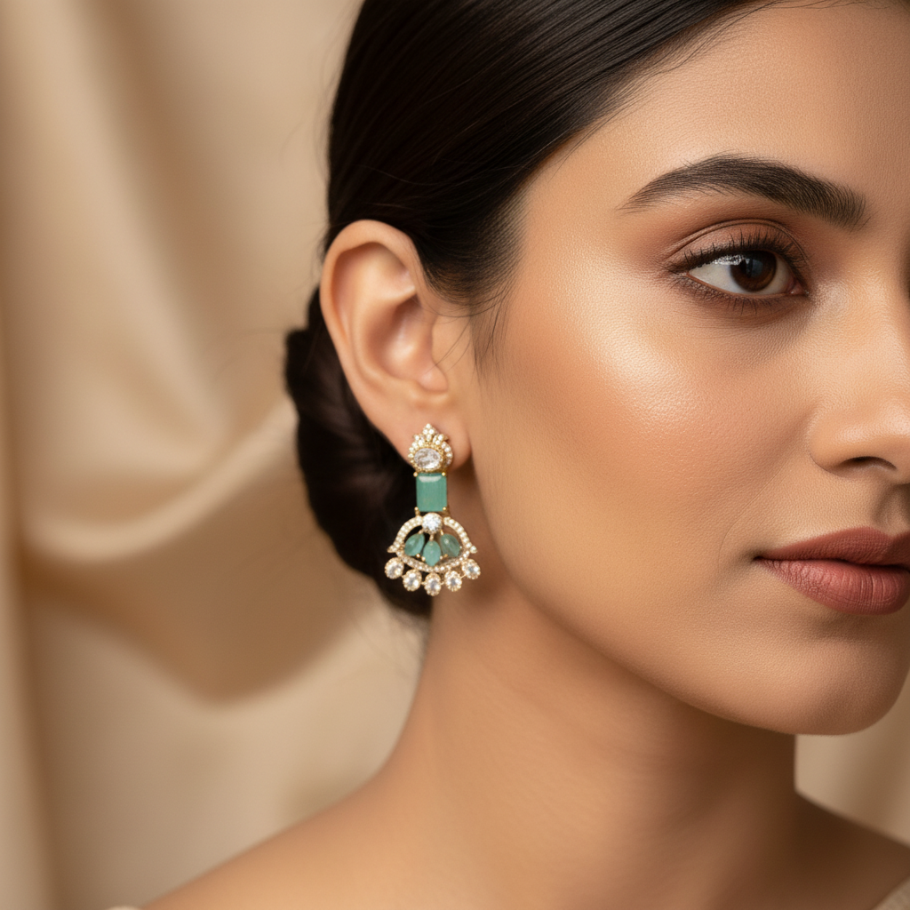 Model wearing turquoise gemstone earrings