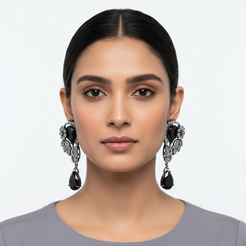 Model Wearing Victorian Floral Wing Earrings - Black