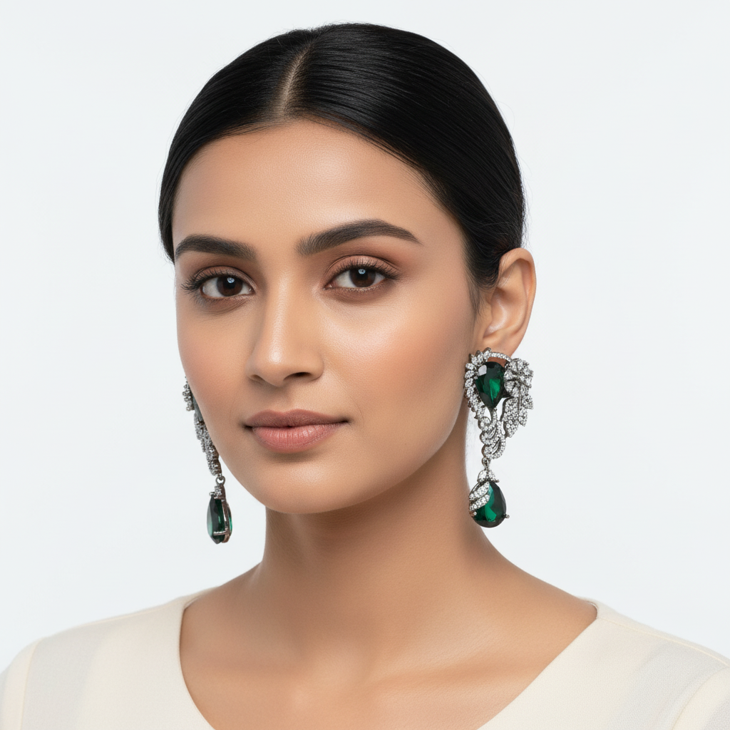 Model Wearing Victorian Floral Wing Earrings - Green
