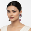 Model Wearing Victorian Floral Wing Earrings - Ruby Red