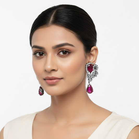 Model Wearing Victorian Floral Wing Earrings - Ruby Red