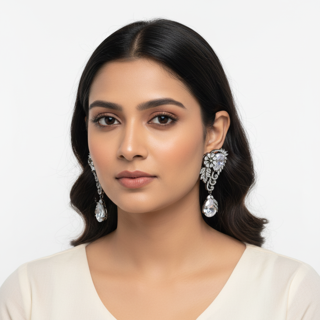Model Wearing Victorian Floral Wing Earrings - White