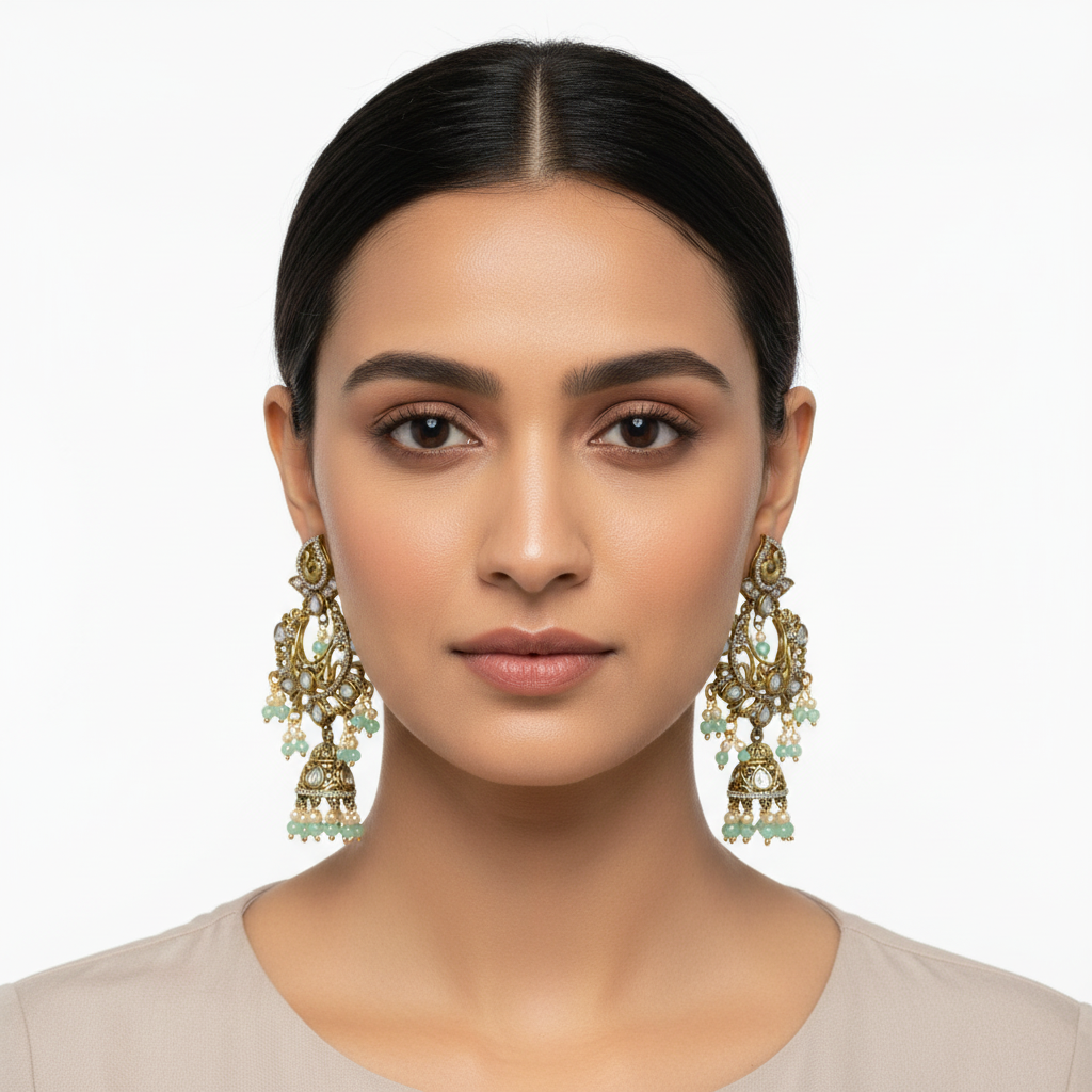 Model Wearing Victorian Kundan Chandbali Jhumka