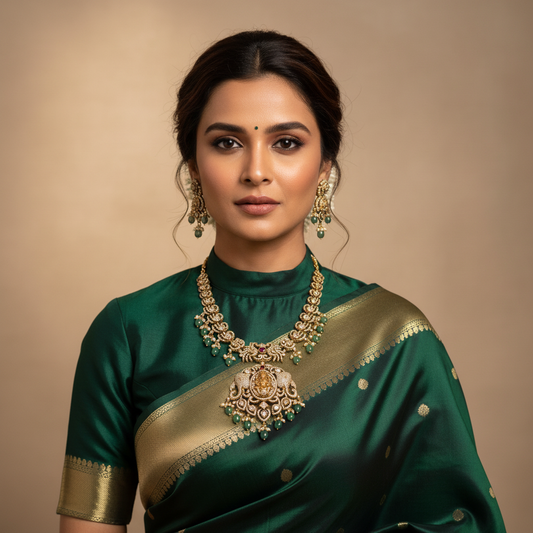 Model wearing Victorian Kundan Lakshmi Necklace