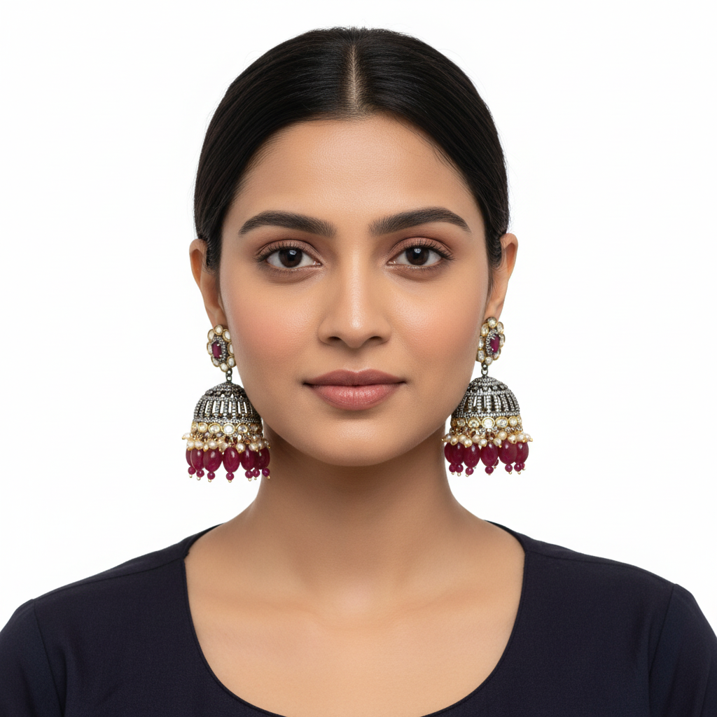 Model Wearing Victorian Polki Kundan Jhumka