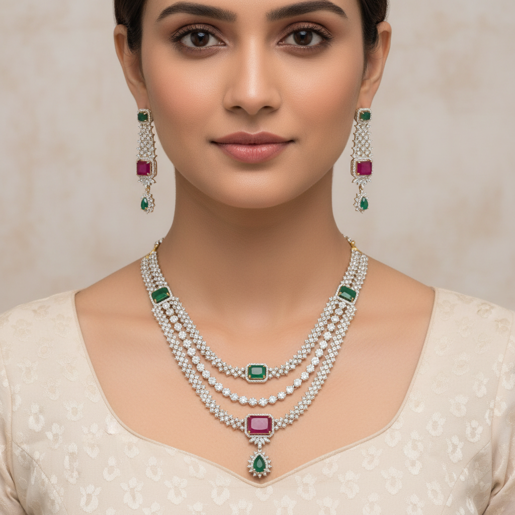 Multi-Colour Diamond Necklace Set – Model Wearing