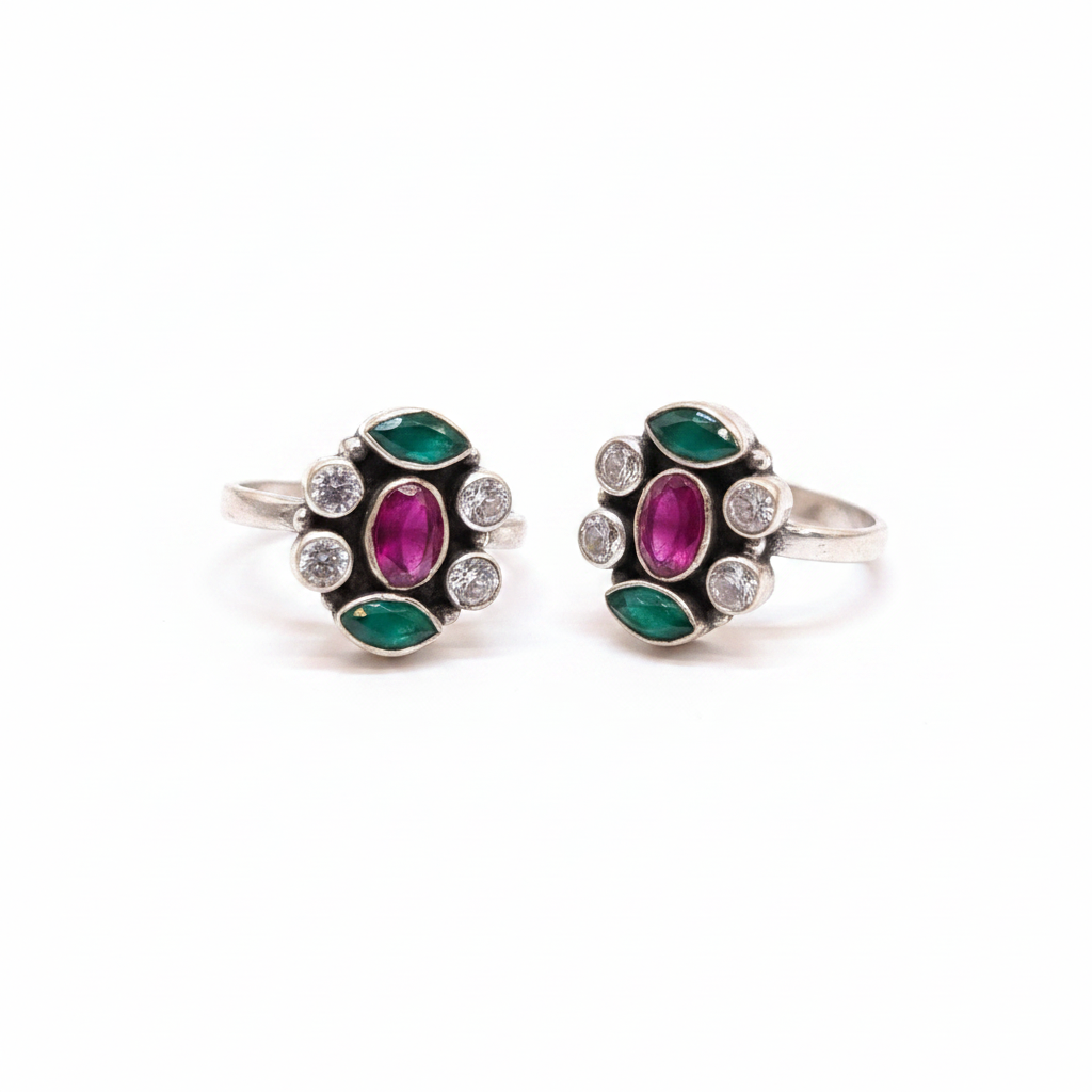 Multi Gemstone Toe Rings - White Background