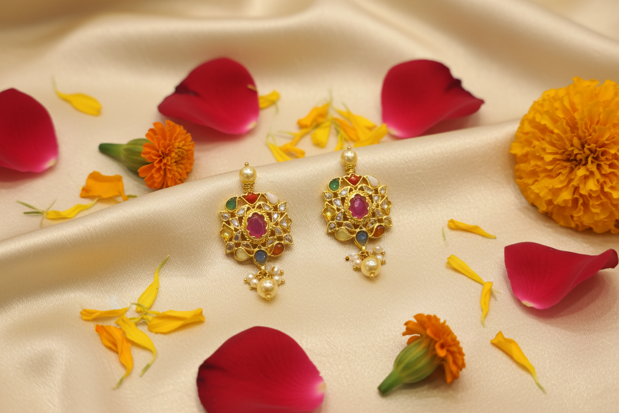 Navratna Jadau Kundan Dangler Earrings lifestyle flat lay