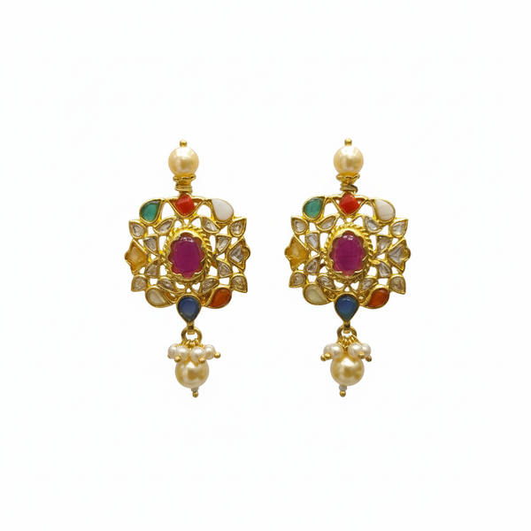 Navratna Jadau Kundan Dangler Earrings white background