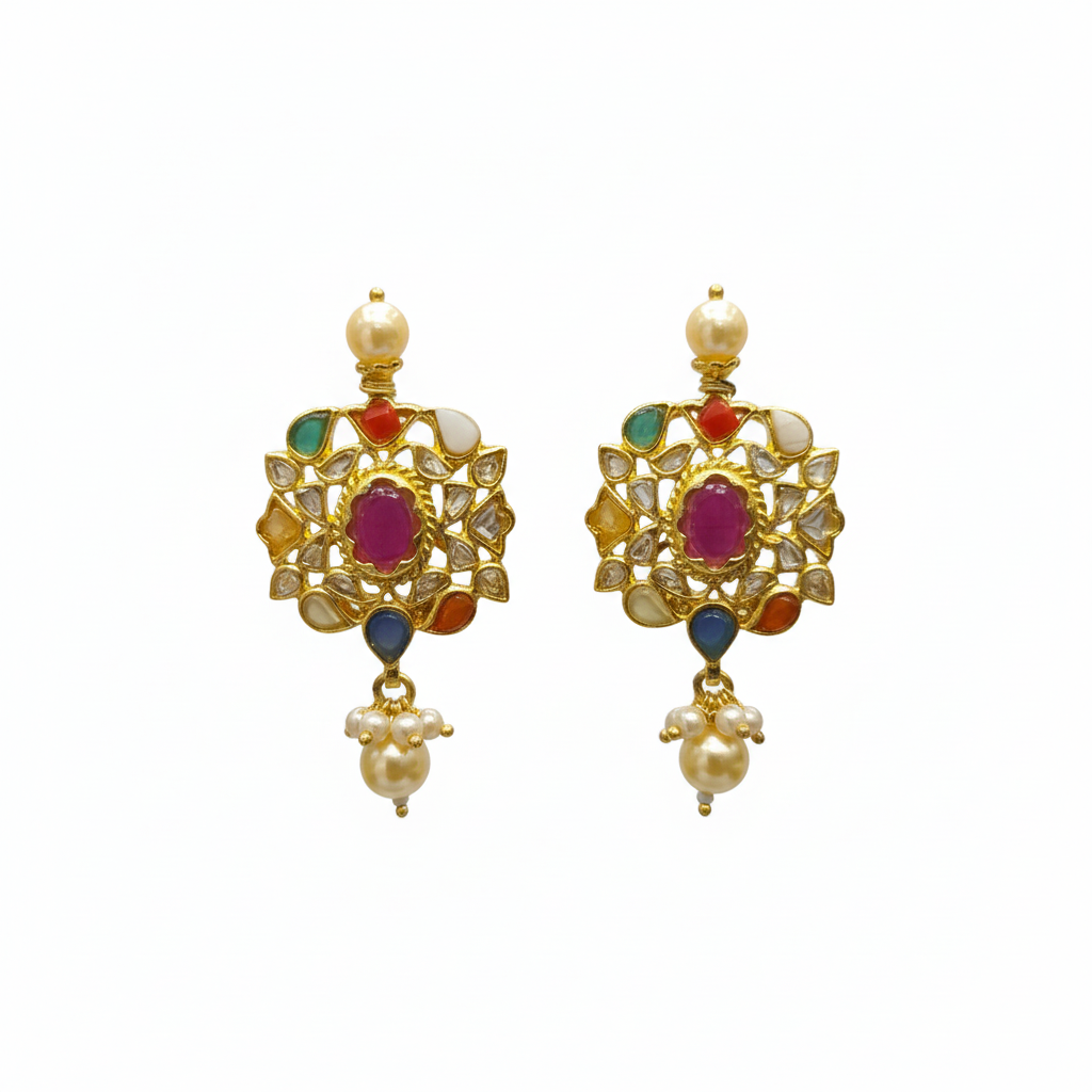 Navratna Jadau Kundan Dangler Earrings white background