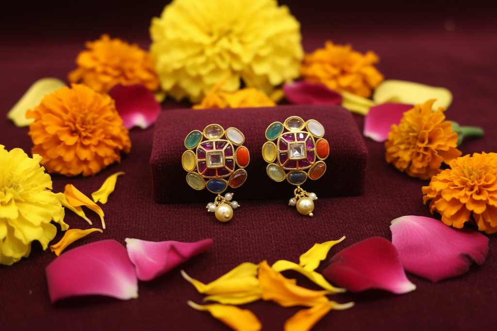 Navratna Square Stud Earrings lifestyle flat lay