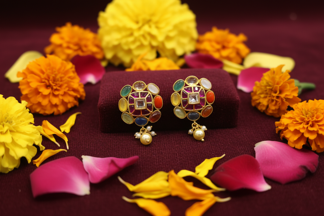 Navratna Square Stud Earrings lifestyle flat lay
