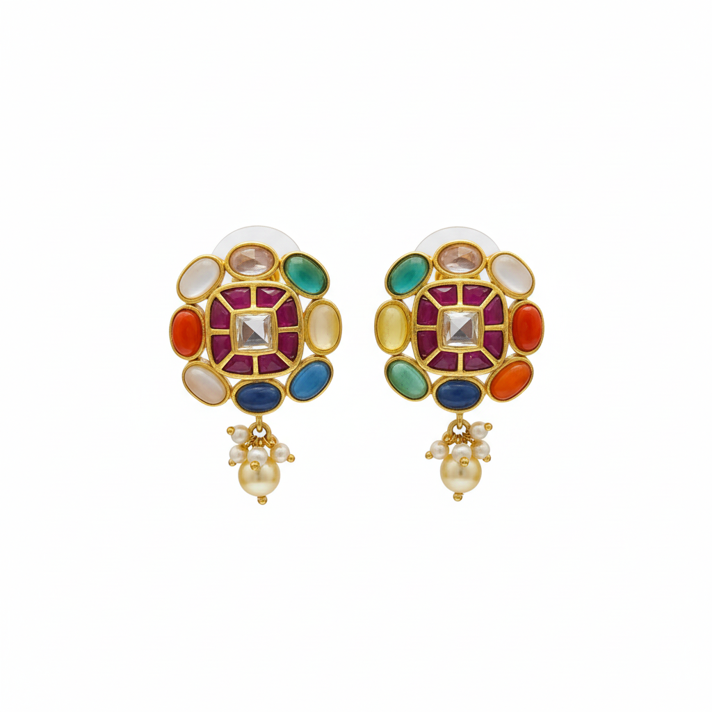 Navratna Square Stud Earrings white background
