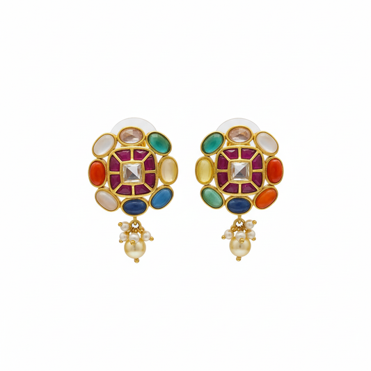 Navratna Square Stud Earrings white background