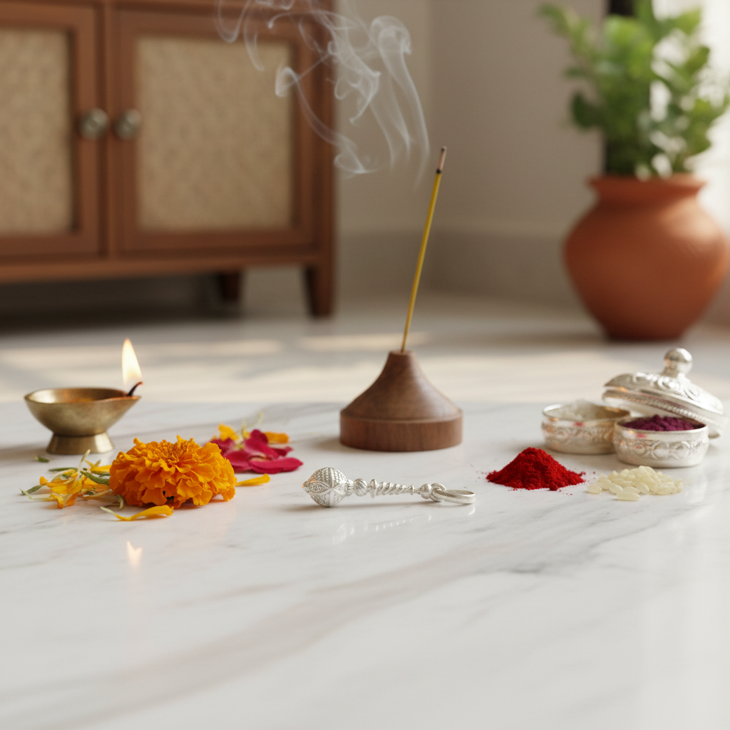 On marble with flowers and pooja items