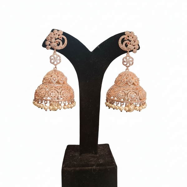 One Gram Gold American Diamond CZ Jhumka Set - White Background